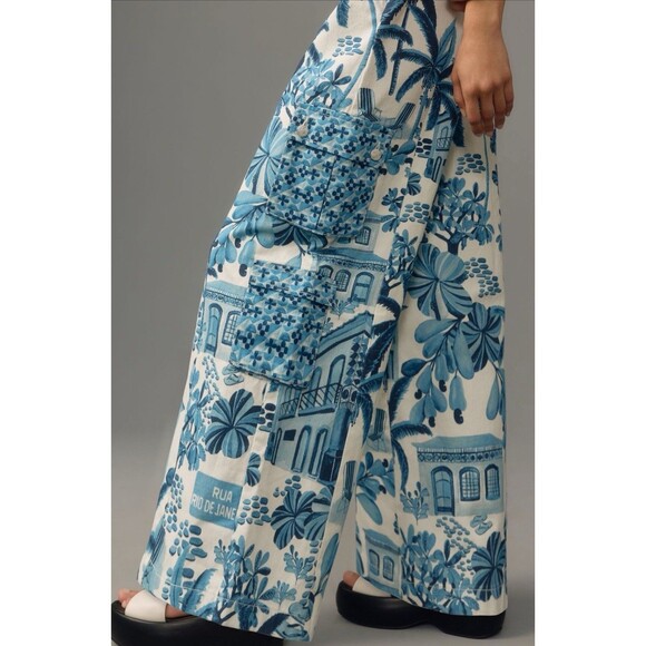 Farm Rio Anthropologie Denim Overalls Women Blue Floral Vacay Retro Boho Large - Picture 7 of 16